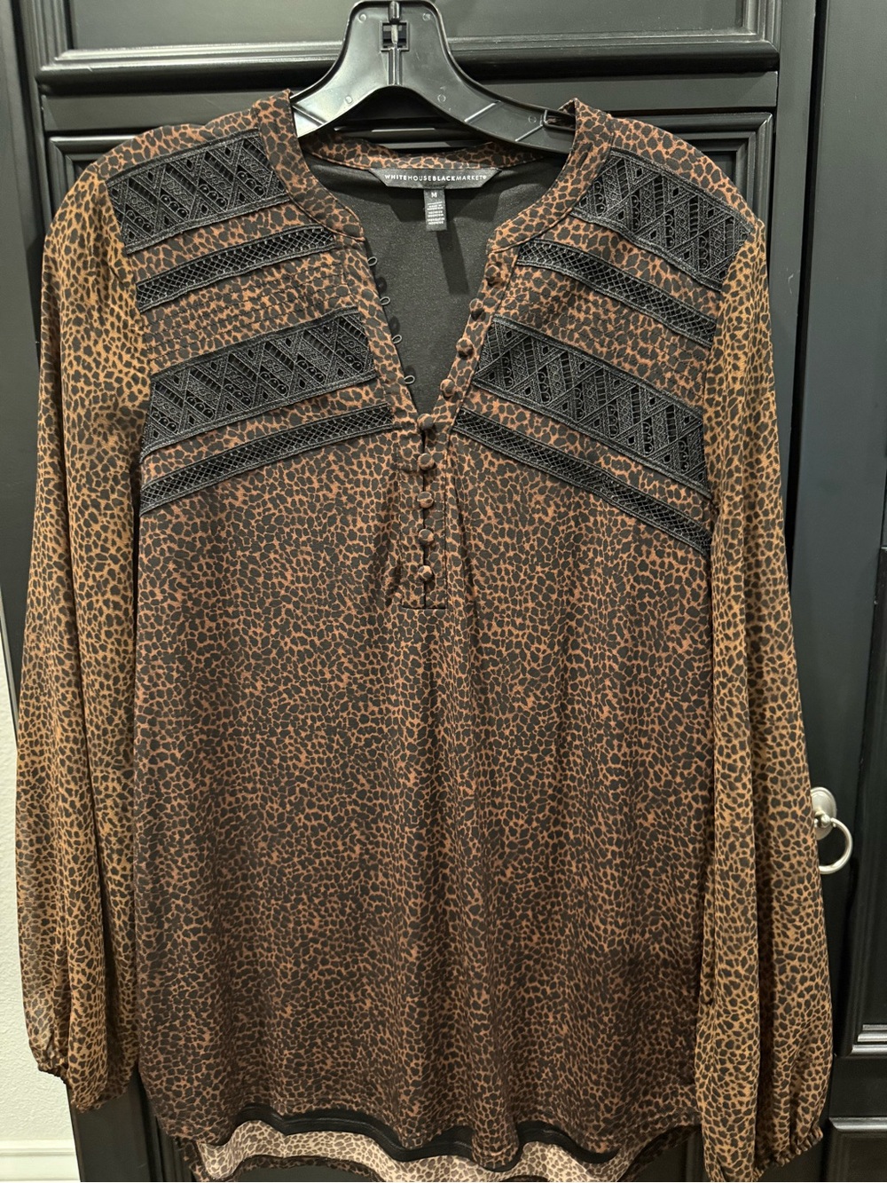 White House Black Market Brown and Black Leopard-Print Lace-Trim Tunic